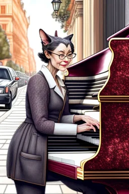 One single mature cat lady playing piano on the street, Vienna, friendly, model style, hyper realistic, extremely accurate, delicate, extremely detailed, Graphic novel style, wide-angle, open aperture, superfine pencil