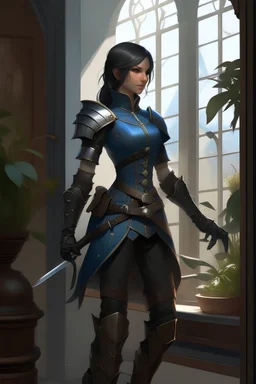 female, half elf, black silky straight shoulder length hair, blue leather armor with white accessories, holding a rapier, rapier sheath on hip, brown travelling boots, standing near window, plant on pot, brown dark eyes, realism