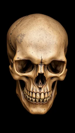 skull looks old brown coloured covered in a lot of corrosion from a black background,