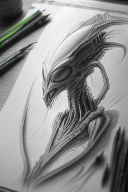 Alien drawing on paper ,highly detailed, artstation, sharp focus,4k