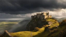 Photorealistic ruined castle in the distance overlooking a valley, on a cliff top, warm-toned stormy clouds