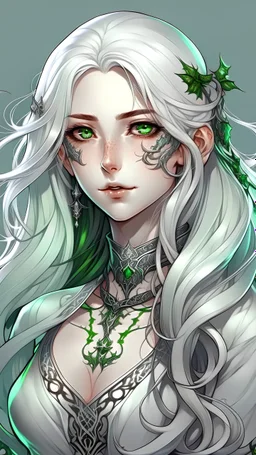 Realistic brutalist anime art style. A magical woman, lean, porcelain skin with few scars. Ice green eyes. Very long white hair with wavy texture in a braid. With many tattoos and piercings. Wearing an open jacket with faint patterns that shimmer. Silver plating covering most vulnerable areas.