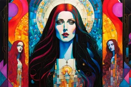 Create chaotic abstract cubist full body religious triptych depicting a Gothpunk Saint Mary Magdalene , with highly detailed facial features, in the style of Bill Sienkiewicz, Philippe Druillet, Gustav Klimt, and Jean Giraud Moebius, precisely drawn, colored and inked