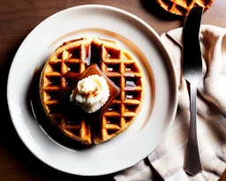 Round waffle with maple syrup plate, plaid napkin and fork