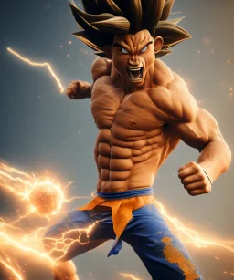 Goku, avatar, white and gold hair, fighting pose, muscular body, shirtless, volumetric details, hyper realism, unreal engine 5