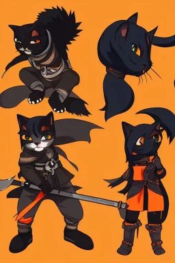 cat 2d, knight, ninja, black fur,full body, orange torn coat,game character, strong, anime, chibi