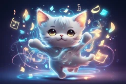 cute chibi dynamically dancing cat, holographic, bioluminescent, an image visualizing musical notes in an abstract and dynamic composition. Let the musical notes dance in the air, forming a symphony of shapes and symbols that convey the essence of sound. Show the notes floating and intertwining in air, creating a visually harmonious composition