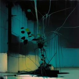 Minimal abstract oil painting of a plant in concrete warehouse brutalist architecture and hanging wires illuminated at night. With triadic colours. In the style of Justin Mortimer and Phil Hale, Ashley Wood