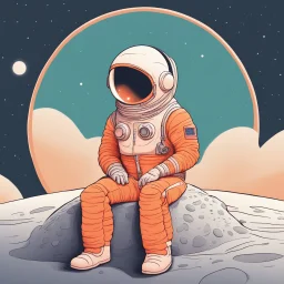 A whimsical digital illustration of a cartoonish astronaut, delicately rendered in soft pastel hues, sitting on a tiny, cratered moon, lost in thought as they stare out into the vast, starry expanse of empty space, their bright orange spacesuit a pop of color against the muted, celestial backdrop, with subtle texture and gentle shading adding depth to the minimalist composition, evoking a sense of wonder and contemplation, as if pondering the mysteries of the cosmos, amidst the eerie silence of