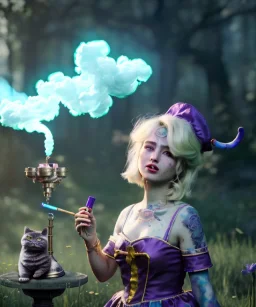 Ultra realistic wonderland photo, happy blonde woman smoking a shisha, blue dress, big purple-cat friend, circus dress style, old school tattoo, smoke, marijuana garden, glow eyes, perfect iris, soft color, highly detailed, unreal engine 5, cinematic, ultra detail, volumetric lighting, high definition.