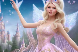 castle in background, beautiful, soft, big smiling, straight and long blonde hair, blues eyes, dewy and shiny atmosphere, diamond crown, long fairy wings in the back, full head, pink veil clothes