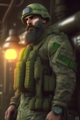 photorealistic male bearded handsome soldier, hyperdetailed painting, luminism, Bar lighting, complex, od green miltary, 4k resolution concept art, Artgerm, WLOP, Alphonse Mucha, 3d render, octane render, intricately detailed, cinematic, awesome full color, hand drawn, dark, gritty, cinematic, buckeye burl