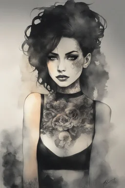 an abstract and serene ink wash and watercolor lithographic illustration of a tattooed goth girl with highly detailed hair and facial features , finely drawn and inked, 4k, hyper detailed and vibrantly colored in the comic art style of Bill Sienkiewicz and Frank Miller