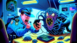 confused male cop dispatcher deals with evil virus hatching from the phone