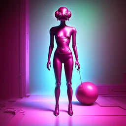 A hyper-realistic 3D Surreal digital painting, magenta droid mechanic, rich deep teal background, dreamlike imagery, fantastical elements, perfect body ,dymond , boots