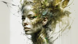 white background, golden Angel, tattoo, feathers, steampunk, fantasy, old canvas, torn cracks, flowers, cyberpunk, gold, silver, green lilac color, mystical, glow, golden makeup, fine drawing, high detail, high resolution, 8K, 3D, Daniel Castan Carne Griffiths Andreas Lee Russ Mills