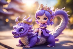 a cute chibi purple lace princess sitting on a wild chinese dragon and dynamically riding it in sunshine, cinematic postprocessing, bokeh, dof