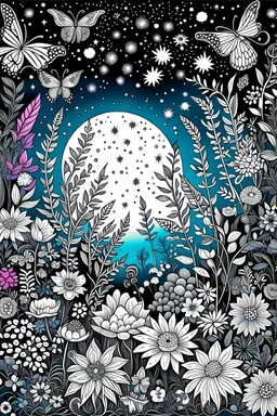 Create an enchanting line art of a moonlit garden filled with whimsical flowers, delicate fairies, and softly glowing fireflies. Craft intricate details that add to the magical atmosphere of the scene. Encourage the use of a soothing color palette, including shades of midnight to evoke a sense of tranquility and beauty as you bring this mystical garden to life . for colouring book