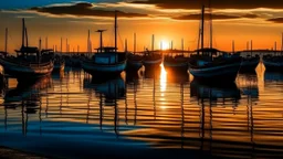 beautiful seascape, sunrise presents the blue and calm sea with some boats. People are busy and near the boats that are docked, a silhouette and detailed structures of the city are represented, in a beautiful sunrise and its reflection in the calm waters. Beautiful