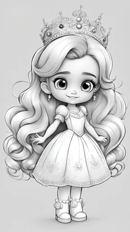 black and white, ((white background,)) coloring drawing page, cartoon, style pixar, line art, All body, beautiful cute princess, with cute hair and eyes, sparkles,