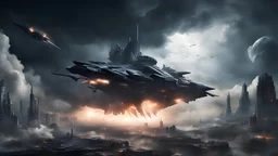 photorealistic. its a dark night. hold hands as they watch. A hightech arrow-shaped space battleship is emerging from the clouds. explosions are visible in the destroyed city beneath.