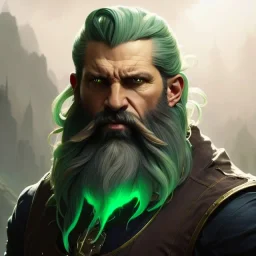 "MIddle aged white human male, with a trimmed but uneven beard, piercing green eyes with slick back hair head and shoulders portrait, 8k resolution concept art portrait by Greg Rutkowski, Artgerm, WLOP, Alphonse Mucha dynamic lighting hyperdetailed intricately detailed Splash art trending on Artstation triadic colors Unreal Engine 5 volumetric lighting Splash art fantasy"