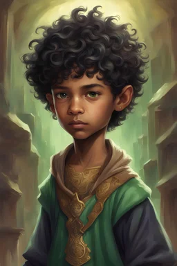Seven-year-old mulatto sorcerer boy, green eyes, short wavy black hair.