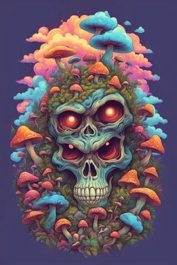 Psychedelic monkey skull surrounded by clouds and overgrown with psychedelic mushrooms. Digital drawing. Colorful. t-shirt design. Cartoon. Digital cartoon. Mid detailed