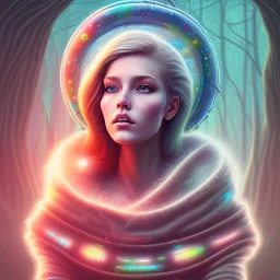 spray painting fantasy art, portrait blonde with star tattoo , in mummy sweater, standing in portal to forest world from desert world,poetry book illustration