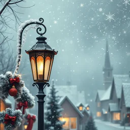 Delicate graphite drawing: Beautiful vintage street lamp, soft crimson Christmas background, Christmas decorations, glitter, silver-blue, sparkling light, fabulously beautiful, magical fog, ash-colored and silver-colored half-timbered village. Hyper-realistic pixel art, high level of detail, filigree, fine drawing, delicate graphite drawing.