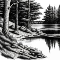 Detailed pencil sketch of landscape with trees, lake and two Palomino horses. Dark ink colors, red, blue, green. Realistic style. Graphite pencil on paper is used with ink wash accents that enhance dramatic effect and add depth to the scene. Ultra quality, 8k