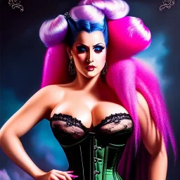 Ultra detailed fullbody Portrait in oil on canvas of beautiful busty Veronica Franco with Dynamic CottonCandy Filigree Hair,intense stare,wearing tight corset,extremely detailed digital painting, extremely detailed face,crystal clear Big eyes, mystical colors ,perfectly centered image, ,perfect composition, rim light, beautiful lighting,masterpiece,16k, stunning scene, raytracing, anatomically correct, in the style of robert e howard and Ken Kelley and Ohrai Noriyoshi and Simon Bisley