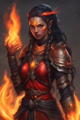 Capture the fierce essence of a female Paladin Druid, her eyes resembling fiery orbs, shining with a bright and intense red glow as she adeptly conjures flames with her hands. Bright black, half-braided hair appears to dance like flames when moved, radiating an ethereal fire. Clad in lightweight magical armor, she forgoes heavy protection, relying on her mastery of magic and fire. A prominent scar on her face tells tales of battles faced and conquered, all against the canvas of her tanned skin