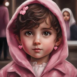 Painting of a little girl with big hazel eyes and short brown hair with a pink jacket and heart earrings, Iranian little girl, 2 years old, adorable eyes, cute face, light colors, adorable little girl, oil painting, beautiful oil painting, painting style, Iranian art