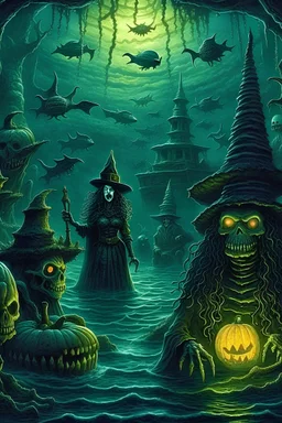 : Take a unique approach by featuring underwater Halloween scenes with witches in costumes, sea monsters, and a haunted sunken ship in a dark ocean.