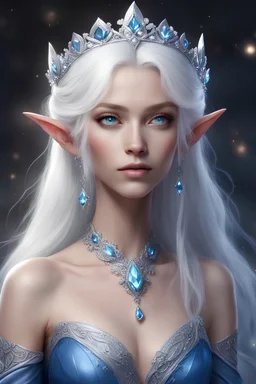 female elf with white hair and blue eyes, wearing a long blue dress with lots of diamonds and a gemful tiara on head