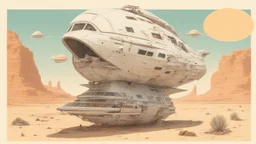 duck shaped space ship in the desert surrounded by lost things