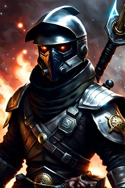 secret agent. sci-fi, all black, spelljammer, sci fi magic staff in hand, dnd token, close up, military, helmet with visor, crouching, chest up, weapon in image, in combat,