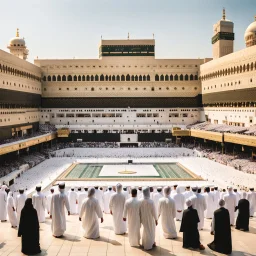 The scene in Mecca: People wearing white Ihram clothes, men without head coverings, women with veils, circumambulating around the Kaaba, and above them are transparent white spirits of children, men, and women with wings revolving around the Kaaba.