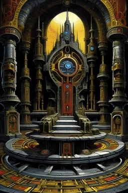 A dark fantasy painting of a machine encased in stone 10,000 years in the future in a palace,dark fantasy art or sci-fi, 1970s dark fantasy book cover art 70s dark fantasy art, bold colours