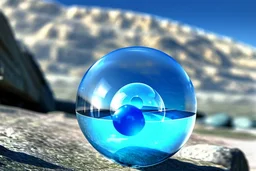 Blue transparent sphere seeing by a person, in the rocky alien landscape, infinite.