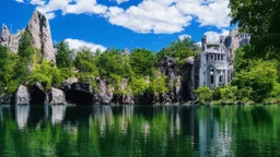 small gothic house built into a rock, lake, trees, arches, bridge, foliage, balconies, verandas, blue sky, white clouds