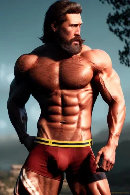 Ignore NSFW, teenager young rugged attractive slightly muscular fantastic handsome man, red briefs with yellow belt, hairy chest, (((visibly pisssing))) briefs, large erect visible boner peniss, photorealistic, artist Jay Anacleto, soft lighting, scruffy beard