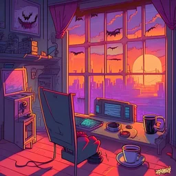 vampire city morning sunrise window coffee using a laptop computer in a game room in a house cartoon style