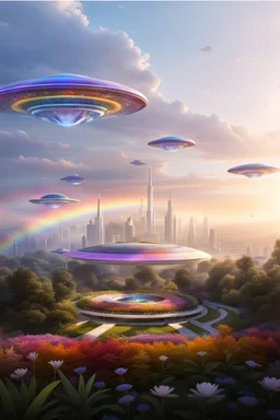 ufo rainbows, cité cristal très futuriste ultra moderne, ufos fleet, intergalactic, dômes de cristal, beautiful gardens , flowers