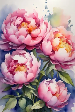 peonies, watercolor painting, ultrasharp, realistic colors, with some splashes of mixed colors