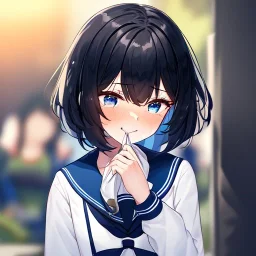 Clear focus,High resolution, Black short fluffy hair, and blue eyes, wearing a sailor uniform, blushing smiling with mouth open, crying, sad eyebrows