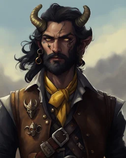 fantasy demon tiefling horned, small ram horns, rogue scoundrel happy go lucky, cheeky smirk, gunslinger pirate pistol, gray ashen skin, pirate gear, yellow shining cat eyes, black neck length hair, short black beard, yellow vest, leather ammo belt, big golden earring