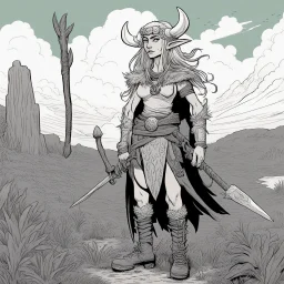 [mexican comics Head Lopper style by Andrew MacLean] IBarbaraa female elf druid of 35 years old. she spent her life learning the ways of nature and the p ower it contains. she worked in the fields with her boots.