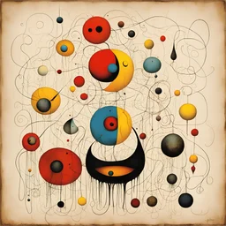 Mincing dropping fluent nudge, Joan Miro and Gabriel Pacheco and John Stephens deliver an abstract surreal masterpiece, bright colors, sinister, creepy, asymmetric,